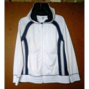 women's track jacket Sz Large L SB Active jogging jacket hoodie White Navy Blue